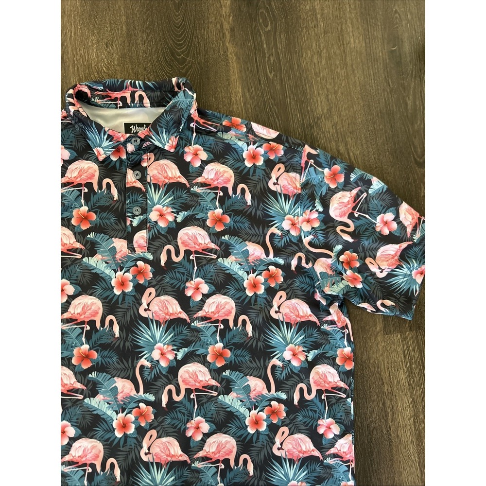 Waggle Polo Shirt Mens XXL Black Flamingo Tropical Floral Golf Performance MINT